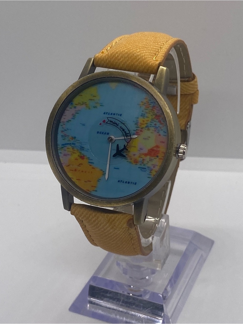 Travel Map Face Men’s Watch with Yellow Strap